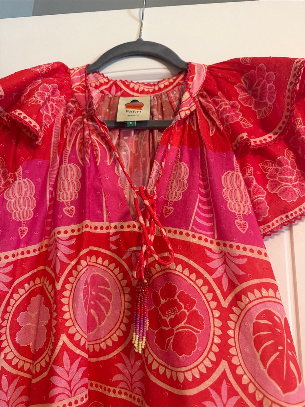 NWOT FARM Rio Pink and Red Floral Print Flutter Sleeve Blouse - Picture 2 of 4